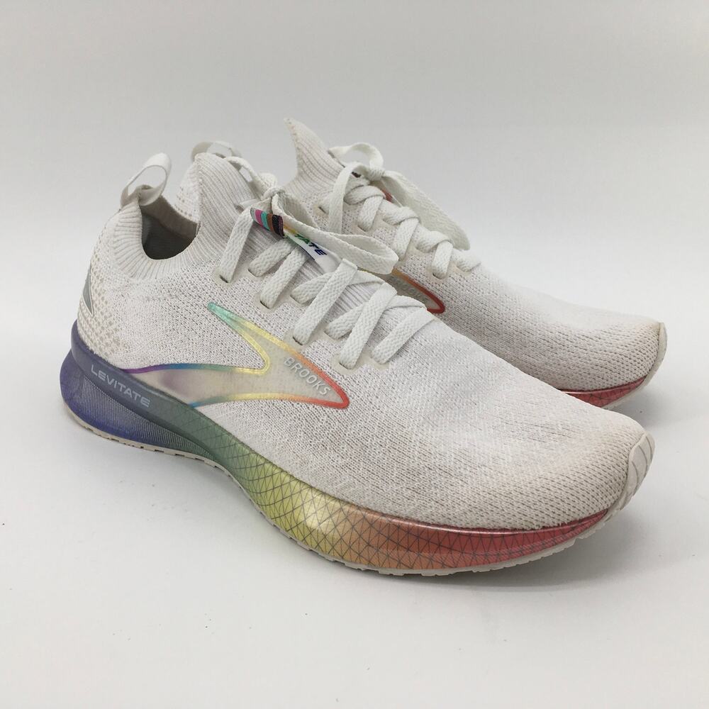 Brooks Levitate SheathFit 5 Running Shoe Sneaker Womens 7.5 White Pride Rainbow